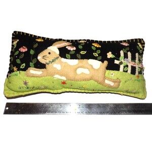 Easter Rabbit Pillow Handmade Wool Primitive Folk  Art Bunny Puff Embroidered